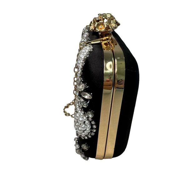 Black Satin Multi Rhinestone and Pearl Accent Clutch Purse Evening Bag - Picture 3 of 9